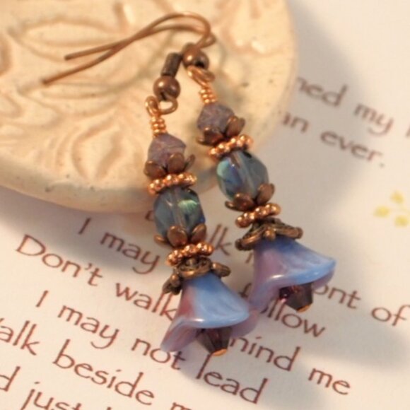 Copper Floral Earrings Boho Chic Czech Earrings  Pierced or Clip-on Earrings - Picture 7 of 10